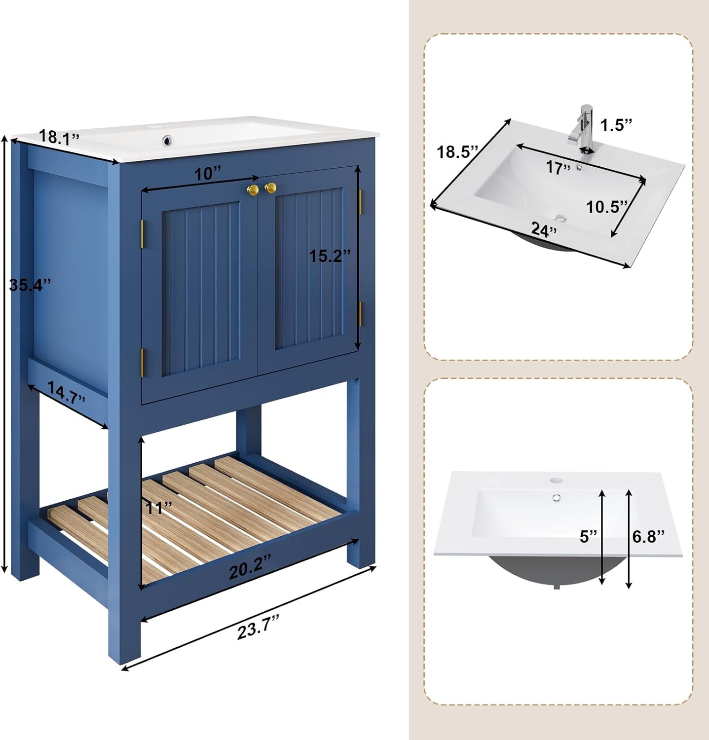 24 Inch Bathroom Vanity with Sink,Modern Freestanding Cabinet with Open Storage Shelf, Bathroom Sink Cabinet with 2 Doors and 1 Open Shelf (Bule, 24 inches)