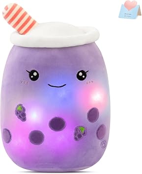 Light Up Boba Tea Soft Plush Pillow 10'' (2 PCS) Kawaii Milky Tea Stuffed Bubble Animal Toy with LED Lights Birthday Christmas Holiday Valentines Gifts for Kids,Girls,Boys