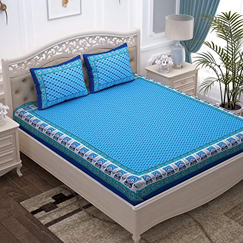 Image of Story@Home Pandora Collection 152 TC 100% Cotton Bedsheet for Double Bed with 2 Pillow Covers (90 X 108 Inch, Sky & Dark Blue)