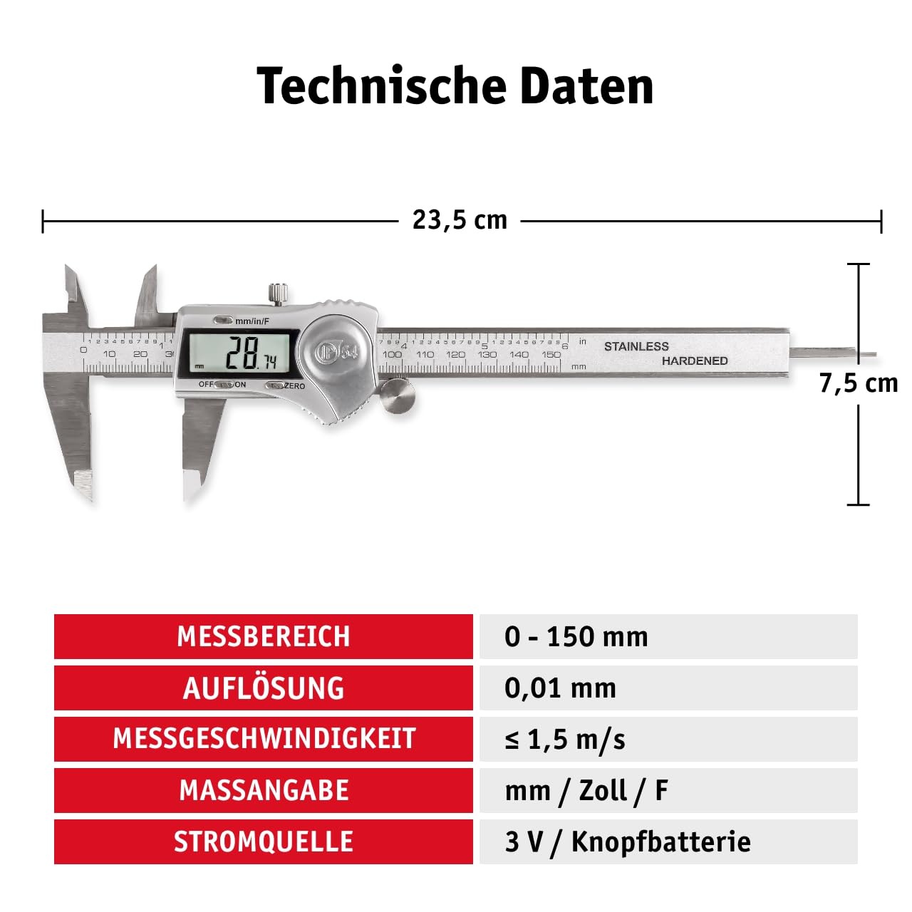 WALTER Schieblehre Digital, Messschieber Analog, Schieblehre, Messlehre, inkl. Knopfbatterie 3V, Edelstahl, spritzwasserfest, IP54 zertifiziert, LCD Display, Messbereich 0-150mm, inkl. Feineinstellrad