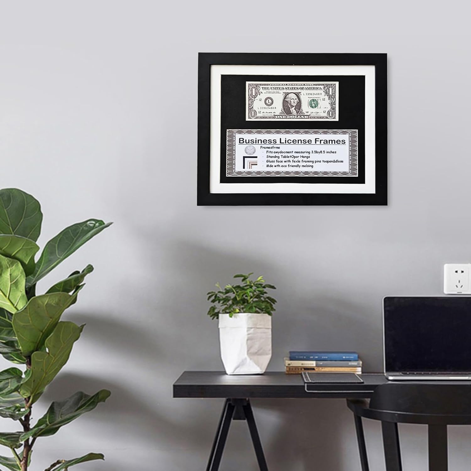 8.5x11 Business License Frame, Black Wood Grain Finish, UV Resistant, Holds 1st Dollar & 3x8.5 License, Includes Easel & Wall Hanger