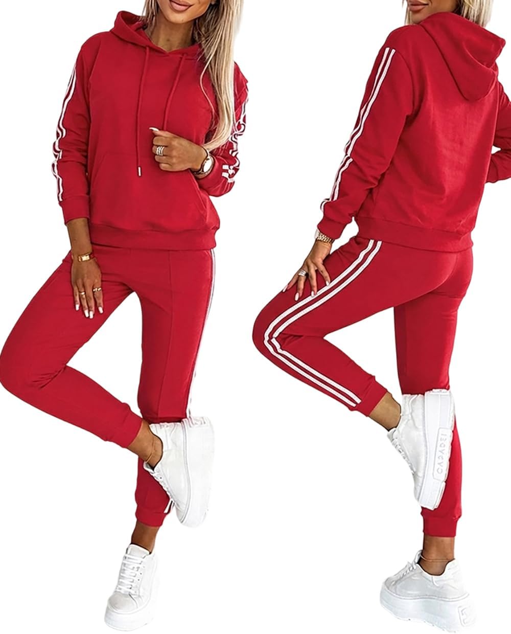 CHICME Women's 2 Piece Outfits Sweatsuits Striped Long Sleeve Tracksuit Hoodie Sweatshirt Jogger Sweatpants with Pocktes