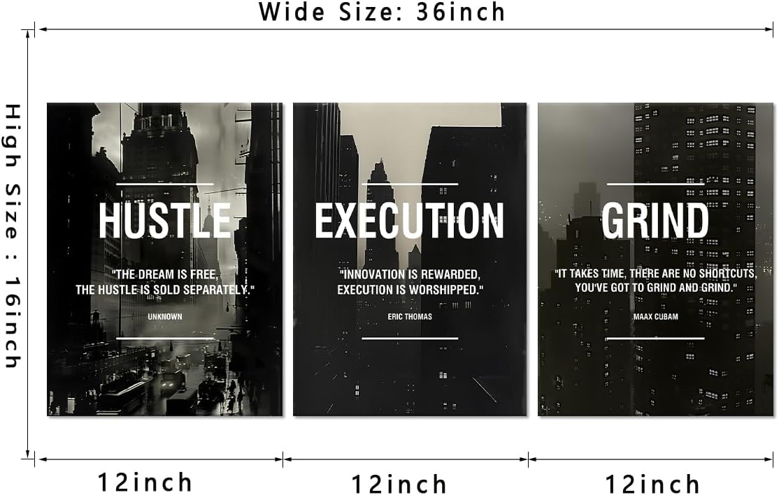 Motivational Wall Art Canvas Painting Wall Art Hustle Execution Grind 3 Panel Decoration Posters Prints for Living Room Bedroom,Office Decor Gallery Wrapped Framed Ready to Hang-12"x16"x3pcs