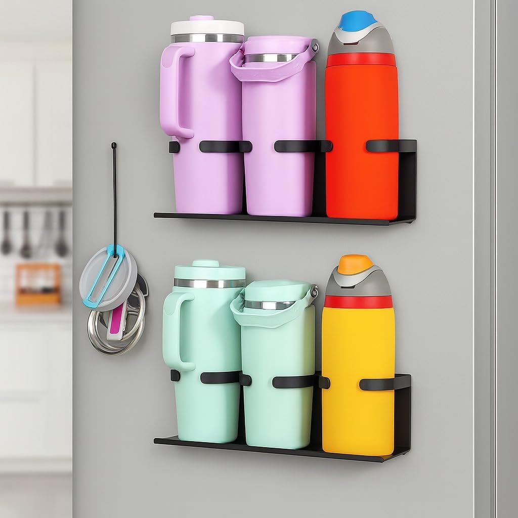 2 Pack Magnetic Cup Holder for Stanley, 30 & 40 oz Tumbler Organizer with Handle, Strong Fridge & Wall Mount Water Bottle Organizer for Refrigerator, Gifts Ideal (6 Cups)