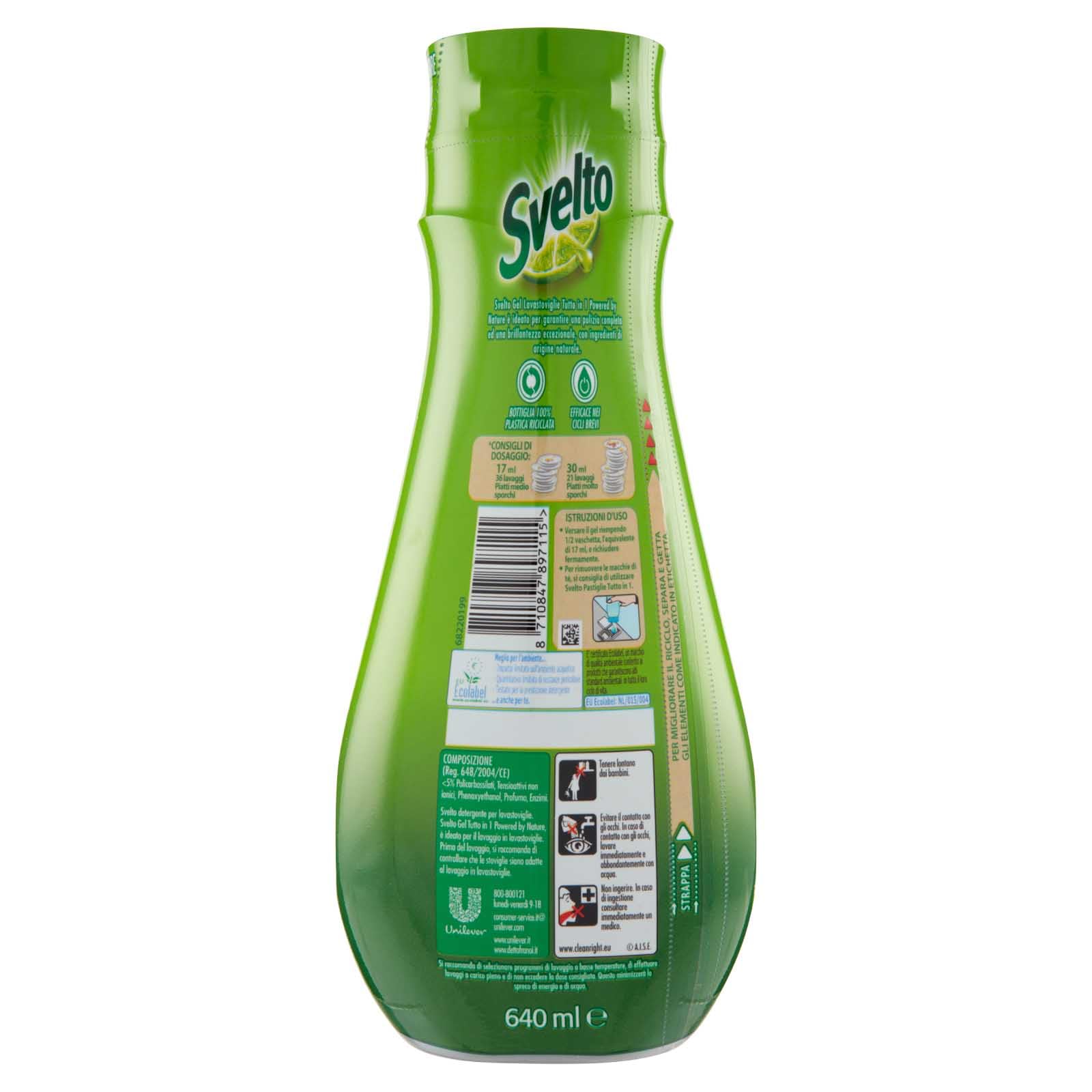 Svelto Powered By Nature Gel Tutto in 1 per Lavastoviglie Pulizia Eccezionale con Aceto Bianco e Ingredienti di Origine Naturale - 8 Flaconi da 640ml
