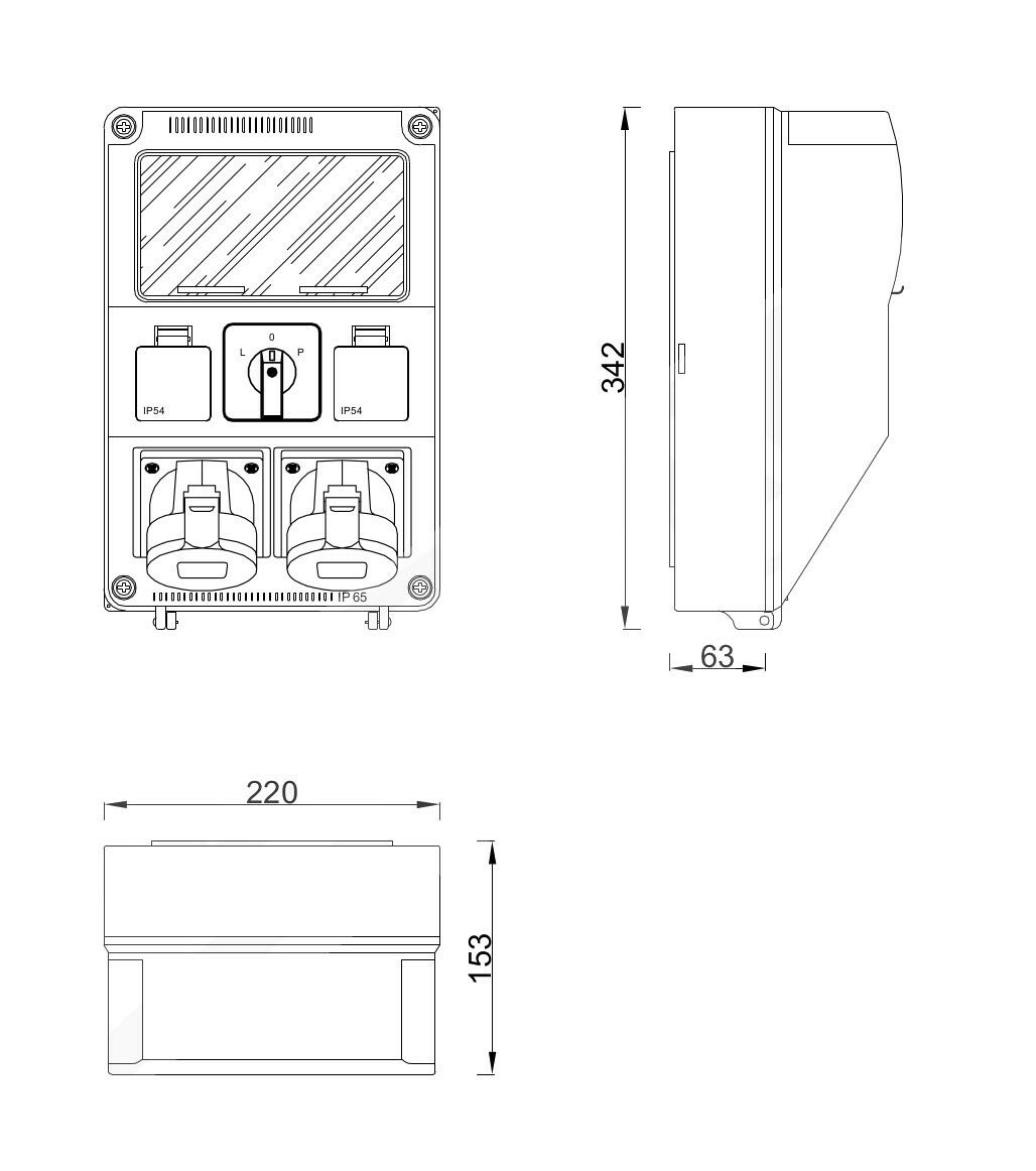 Distribuidor de Corriente para Construcción, Cuadros Electricos, Enchufe Industrial (2 enchufes Schuko 230 V/16 A, 1 CEE 16 A/400 V y 1 CEE 32 A/400 V, cable o fusible)
