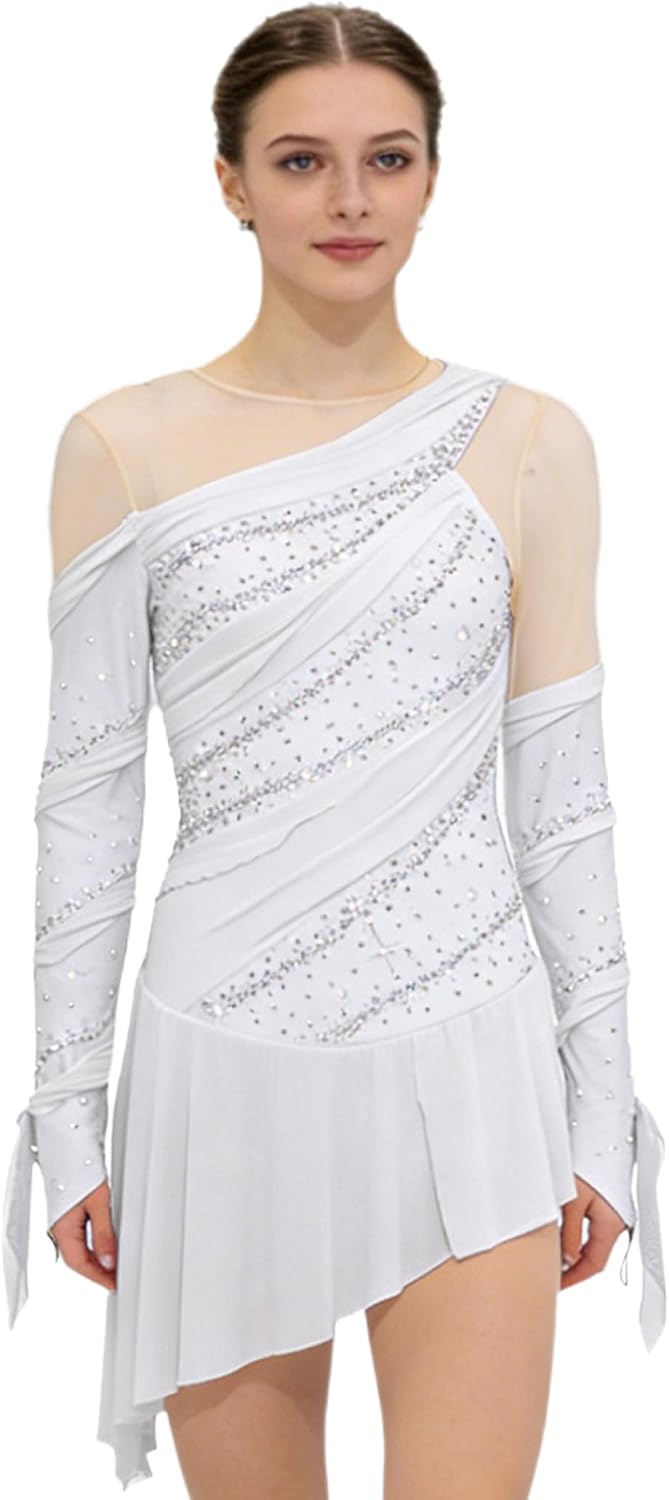 Figure Skating Dress Women Rhinestones Long Sleeve Ice Skating Lyrical Dance Performance Competition Wear