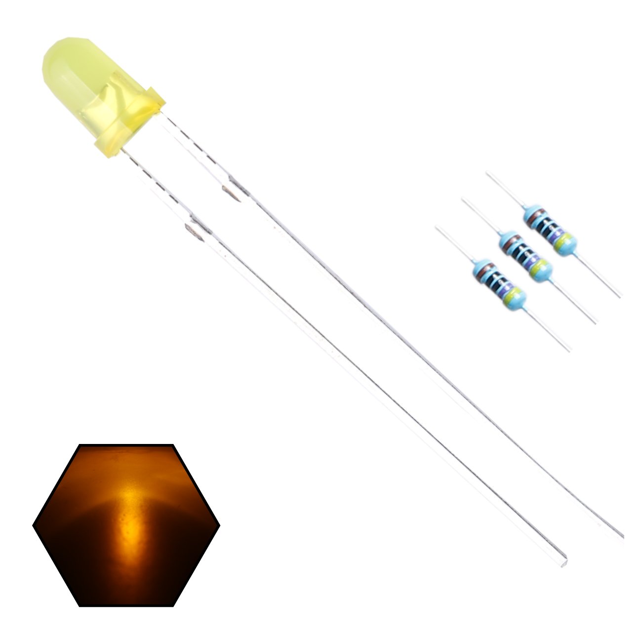 100pcs 3mm Yellow Blinking Diffused LED Diodes 1.5Hz Flash (Single Color Flashing) Round Lens 29mm Lead DC 2V Blink Bulb Lamp Light Emitting Diode +100pcs Resistor 470ohm For DC 6-12V Included