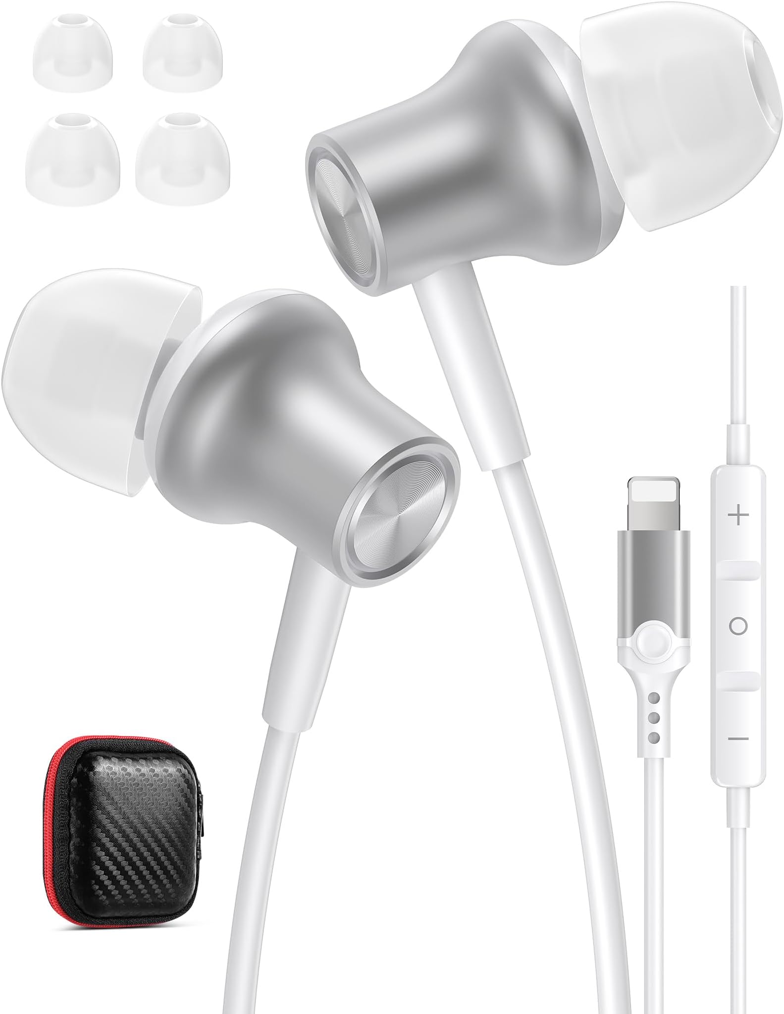 Design for Apple MFi-Certified Wired Earbuds for Lightning Headphones Magnetic Wire Earphones Corded with Microphone Volume Control for iPhone 14 Plus 13 Pro Max 12 Mini 11 10 XS XR Silver
