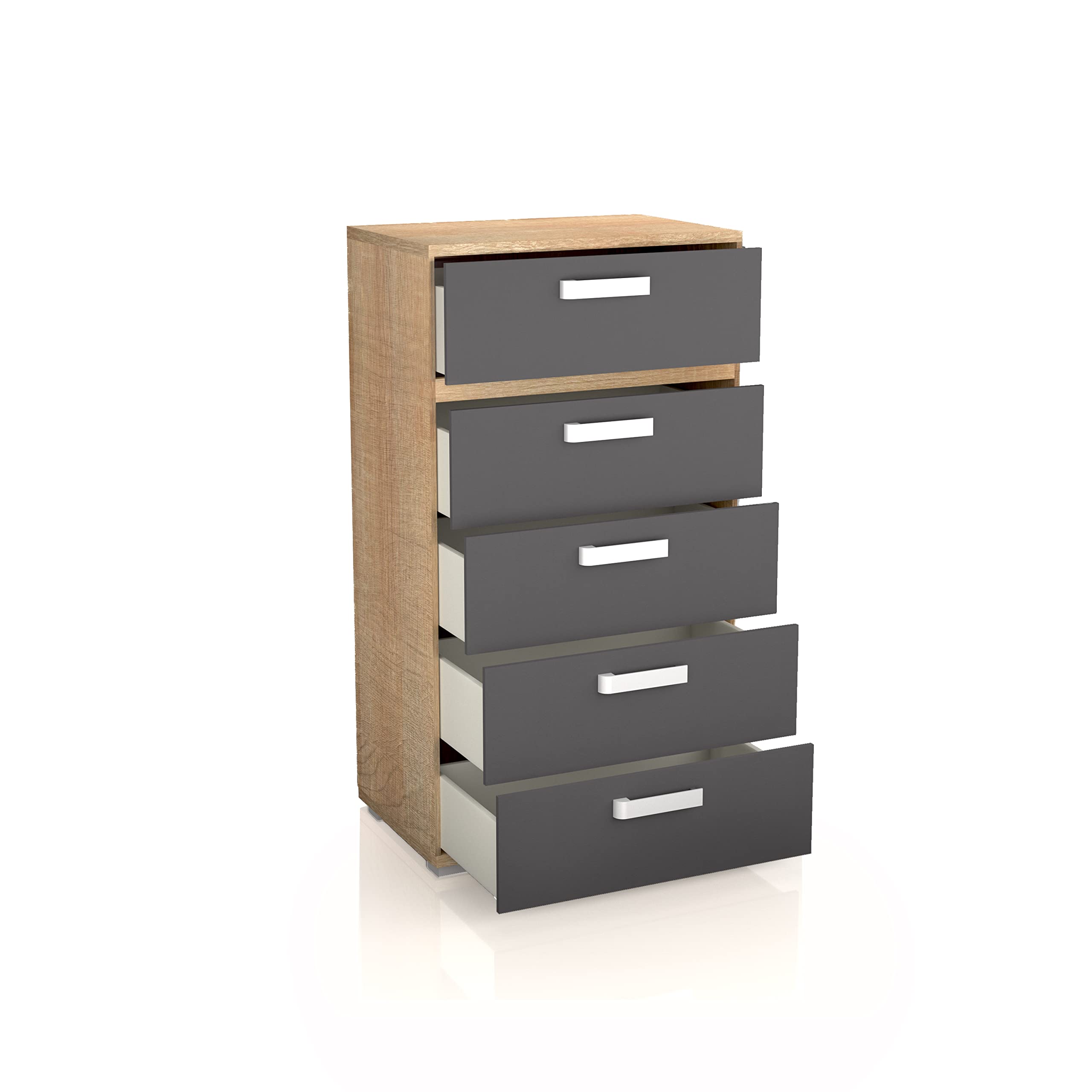 duehome | Sinfonier 5 Cajones, Cómoda, Almacenaje Dormitorio, Modelo Ataneq, Acabado en Cambria y Grafito, Medidas: 60 cm (Largo) x 109,4 cm (Alto) x 39,6 cm de (Fondo)