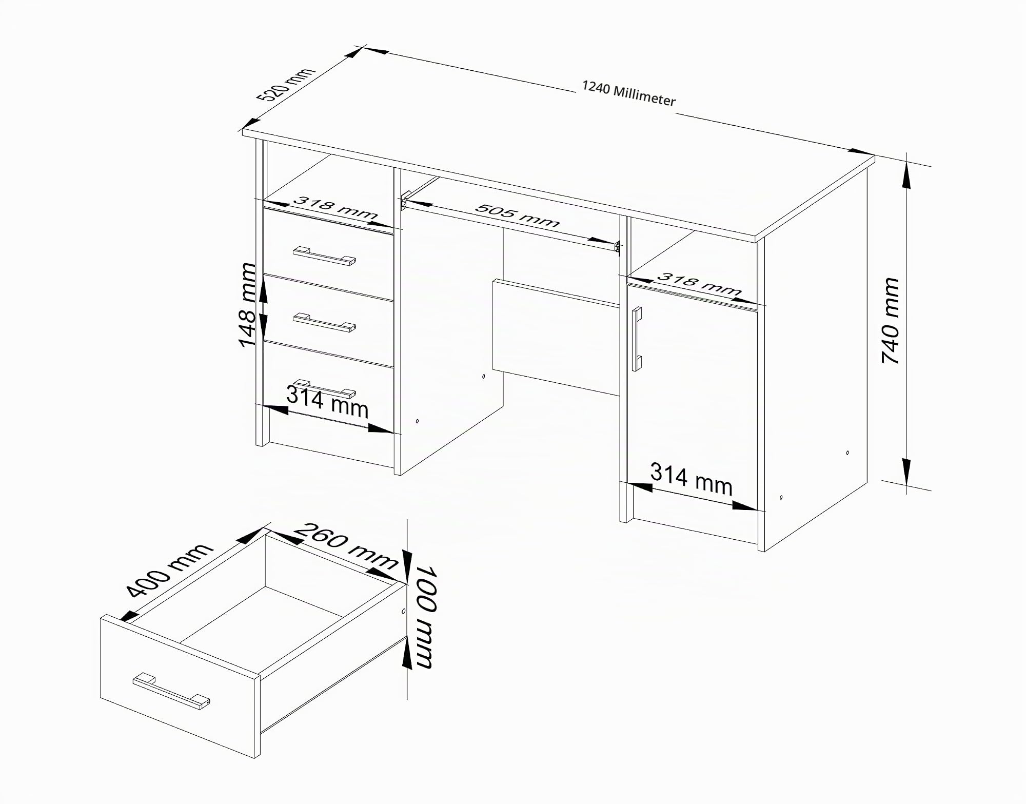 AKORD Schreibtisch ANA 124 cm | mit 1 Tür und 3 Schubladen | Office Desk | Computertisch | Bürotisch | PC-Schreibtisch | B124 x H74 x T52 cm | Gewicht 46,40 kg | Erle/Erle