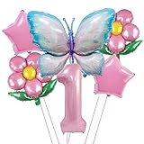 Butterfly Balloon 1st Birthday Decorations,Pink Blue Butterfly Fairy Floral Foil Balloons for Girl F