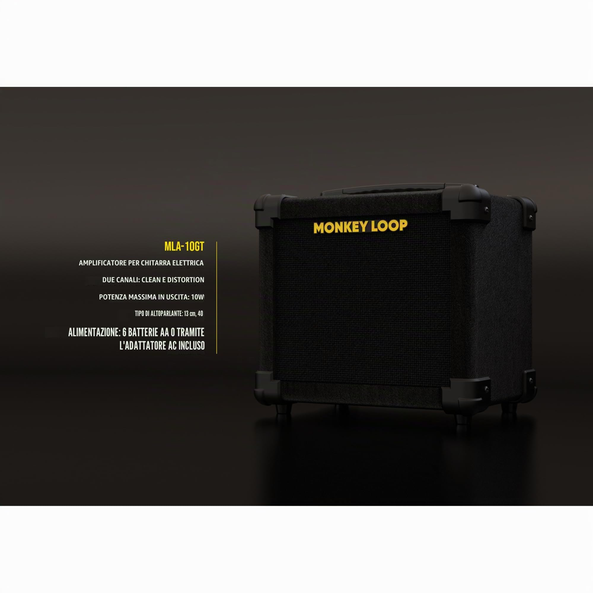 Monkey Loop MLA-10GT - Amplificatore per chitarra elettrica - Amplificatore combo da 10 W - Altoparlante da 5 pollici 4 Ohm - Opzione di alimentazione con 6 batterie AA con adattatore CA