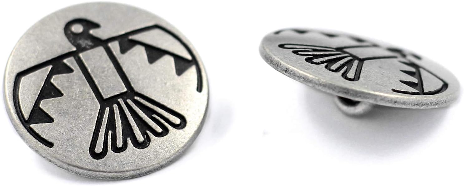 Bezelry 12 Pieces Aztec Thunderbird Metal Shank Buttons. 20mm (3/4 inch) (Antique Silver)