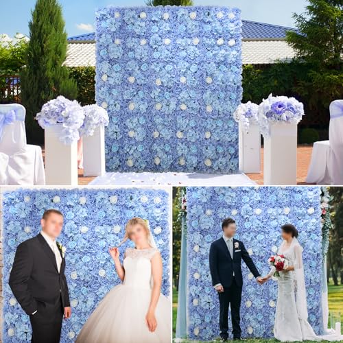 Artificial Flower Wall Panel 15*15inches -6 Pack Silk Rose Hydrangea 3D Flower Wall Décor Backdrop for Wedding Arrangement Wall Background Party Panel Decorations UV Protected Handmade -Light Blue by RIDDSEE - Image 3