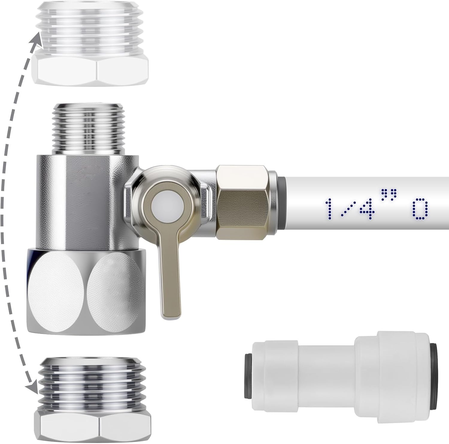 Universal Feed Water Adapter Kit, G1/2 Female × 3/8″ Compression Male × 1/4″ Push-in Quick Connect, with 3/8″ F × G1/2″ M & 1/4″→3/8″ Adapter, for RO System, Refrigerator, Ice Maker (1)