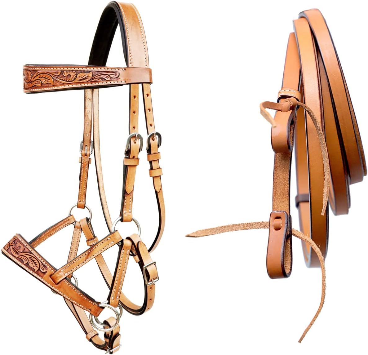 CHALLENGER Horse Western Leather Antique Floral Tooled Bitless Sidepull Bridle Split Reins 77RS45
