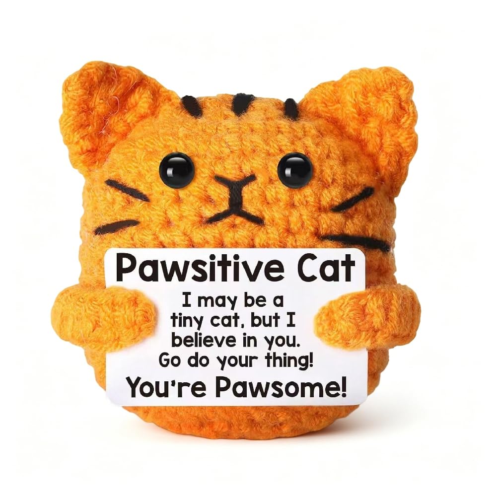 QWEPU Positive Crochet small cat Gifts,Handmade Emotional Support Crochet Positive Cat with Inspirational Cards,Pawsitive Knitted Gift Plush Doll Cute Creative Crocheted Decoration Dolls (orange)