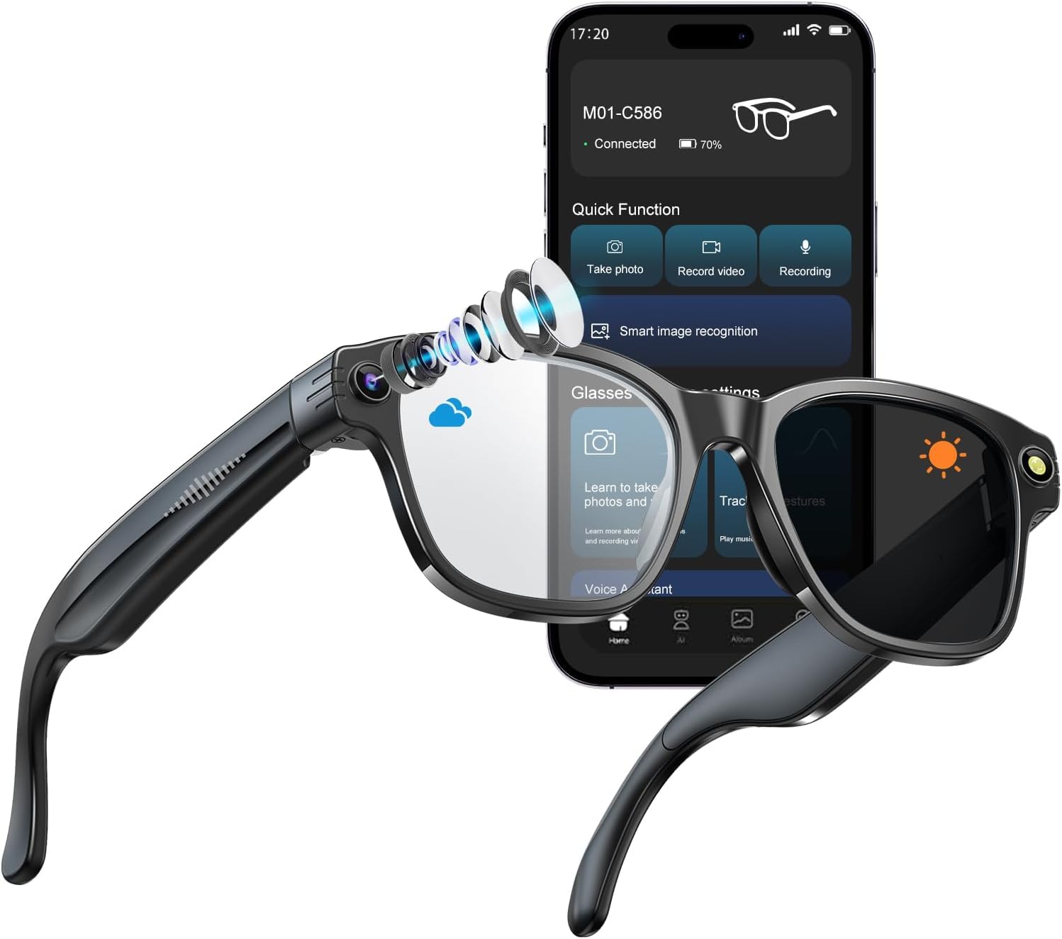 Occhiali da sole intelligenti Bluetooth con fotocamera 1080p, occhiali fotocromatici con protezione UV, Bluetooth 5.4 occhiali con registrazione foto/video/audio, per vlogging, ciclismo