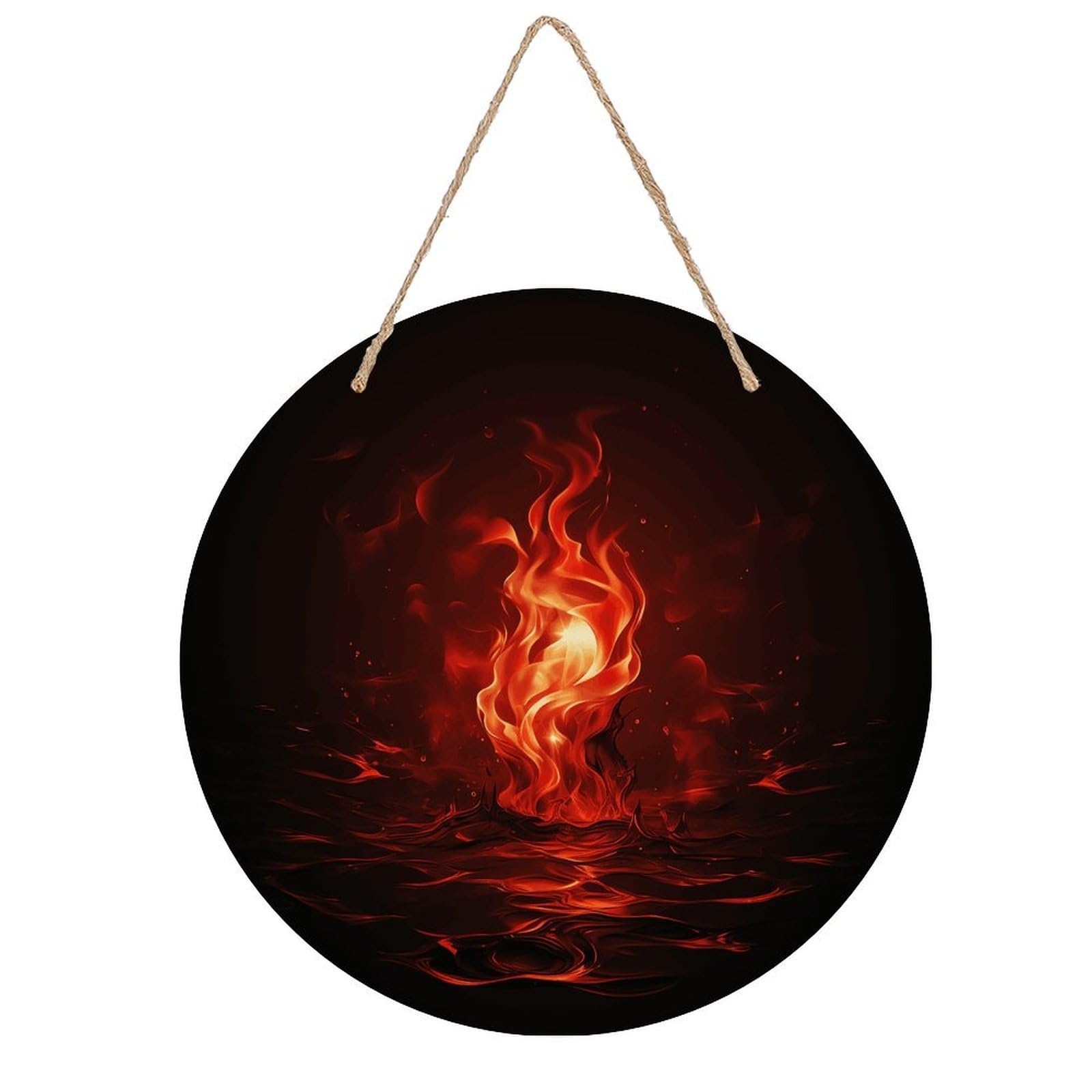 FekiLoot Red Flame Wall Art Decor Round Wood Hanging Sign Decoration Wooden Circle Door Sign Round Hanging Decorative Wood Plaque Door Hanger for Home Outdoor Indoor Decoration