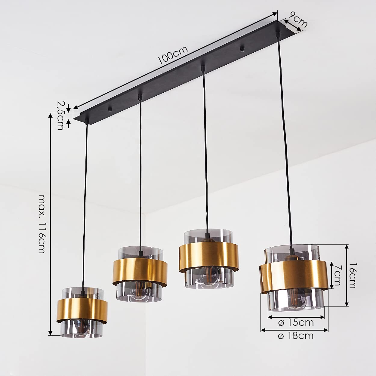 Traak Pendelleuchte 4-flammig – Schwarz/messing Mit Rauchglasschirmen, Max. 116 Cm Höhe, Ohne Leuchtmittel