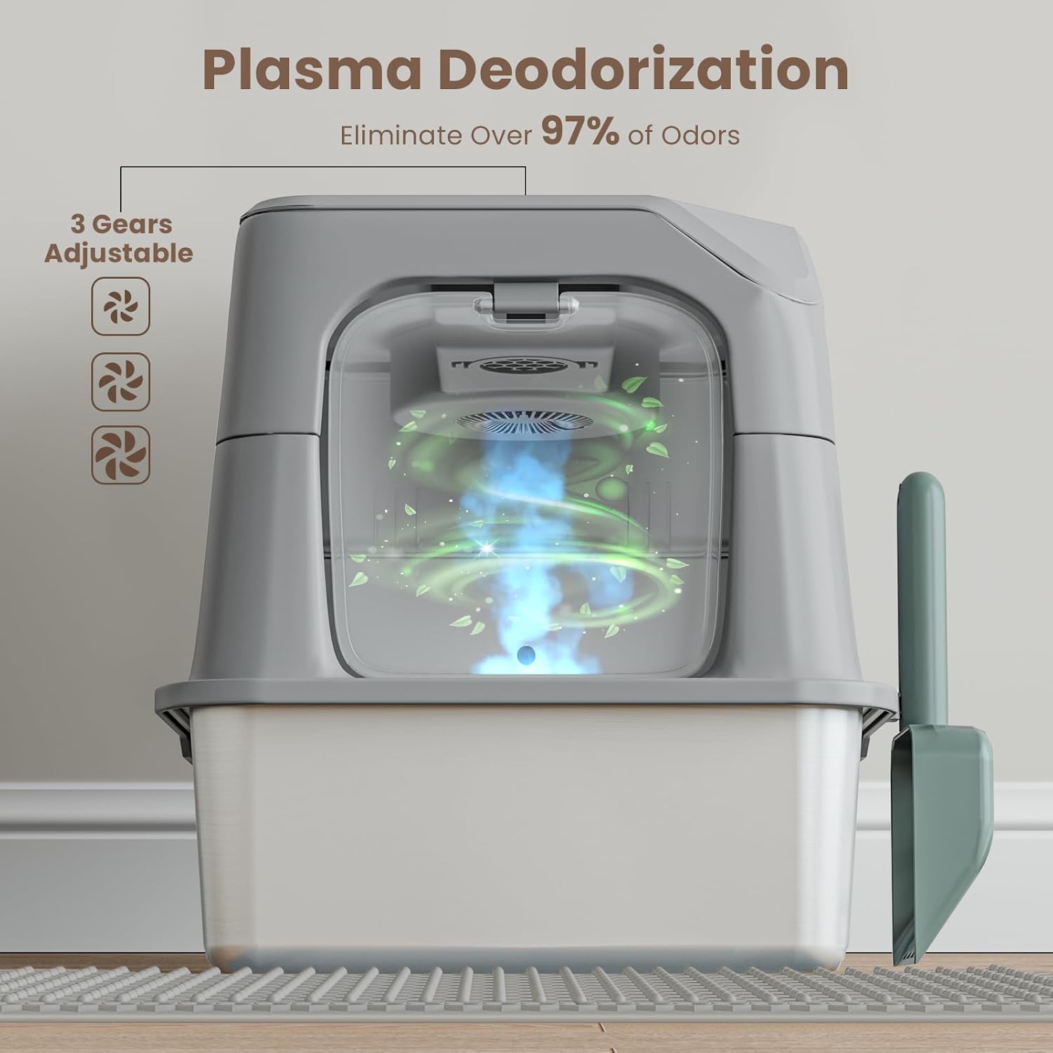 Stainless Steel Litter Box with Odor Removal Smart,Large Cat Litter Box with lid 23.7"*16.1"*16.8" Covered Metal Litter Tray with Litter Mat and Scoop Enclosure Anti-Leakage Non-Sticky