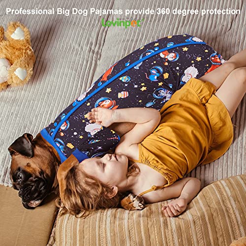 Lovinpet Large Big Dog Pajamas - Anxiety Calming Dog Onesie, Undershirt For Dog Coats, Lightweight Stretchy 4 Legged Style Large Dog Jammies, Space Animals Black Print Pet Pjs,Black 3Xl #TOP6