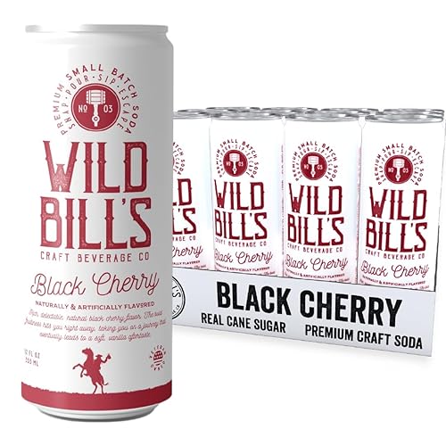 Wild Bill's Black Cherry Soda Classic Craft Soda - Bebidas suaves hechas con azúcar de caña pura, sin cafeína, sin jarabe de maíz de alta fructosa,
