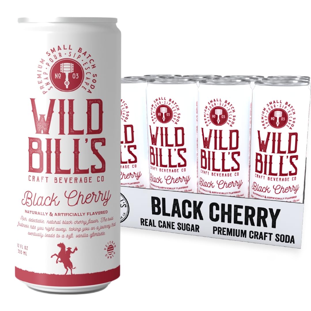 Wild Bill's Black Cherry Soda Classic Craft Soda Pop Soft Drinks, Sodas Made with Pure Cane Sugar, Caffeine Free, NO High Fructose Corn Syrup, Gluten Free, Vegan, Low Sodium, 12 Oz 12 Pack