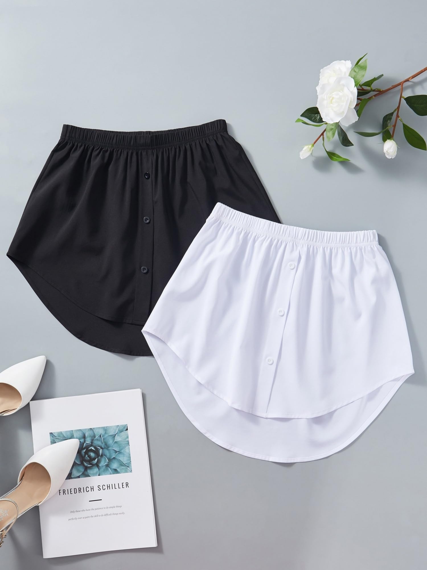 Chemise Extender Mini Jupe,2 Pièces Rallonge de Chemise Ajustable pour Femme,Extension de Chemise à Taille Elastique pour Pull,Sweat,Veste,Manteau(Noir,Blanc)