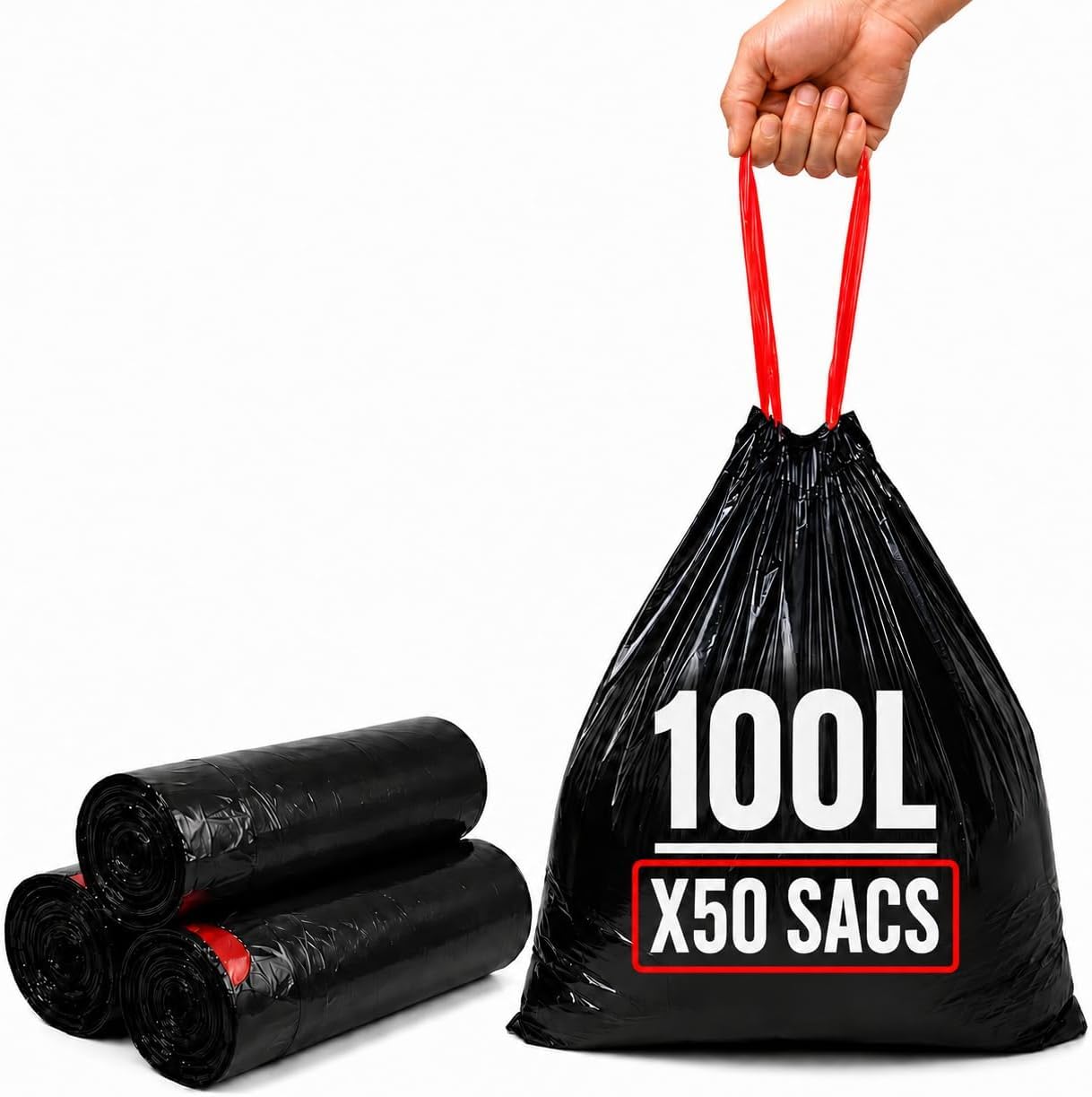 Bolsa de basura de 100 L, enlace deslizante, 50 bolsas de basura de 100 litros, negras, ultra resistente (40 µ) y antifugas, residuos alimentarios | cierre de enlace y asa | práctica e higiénica |