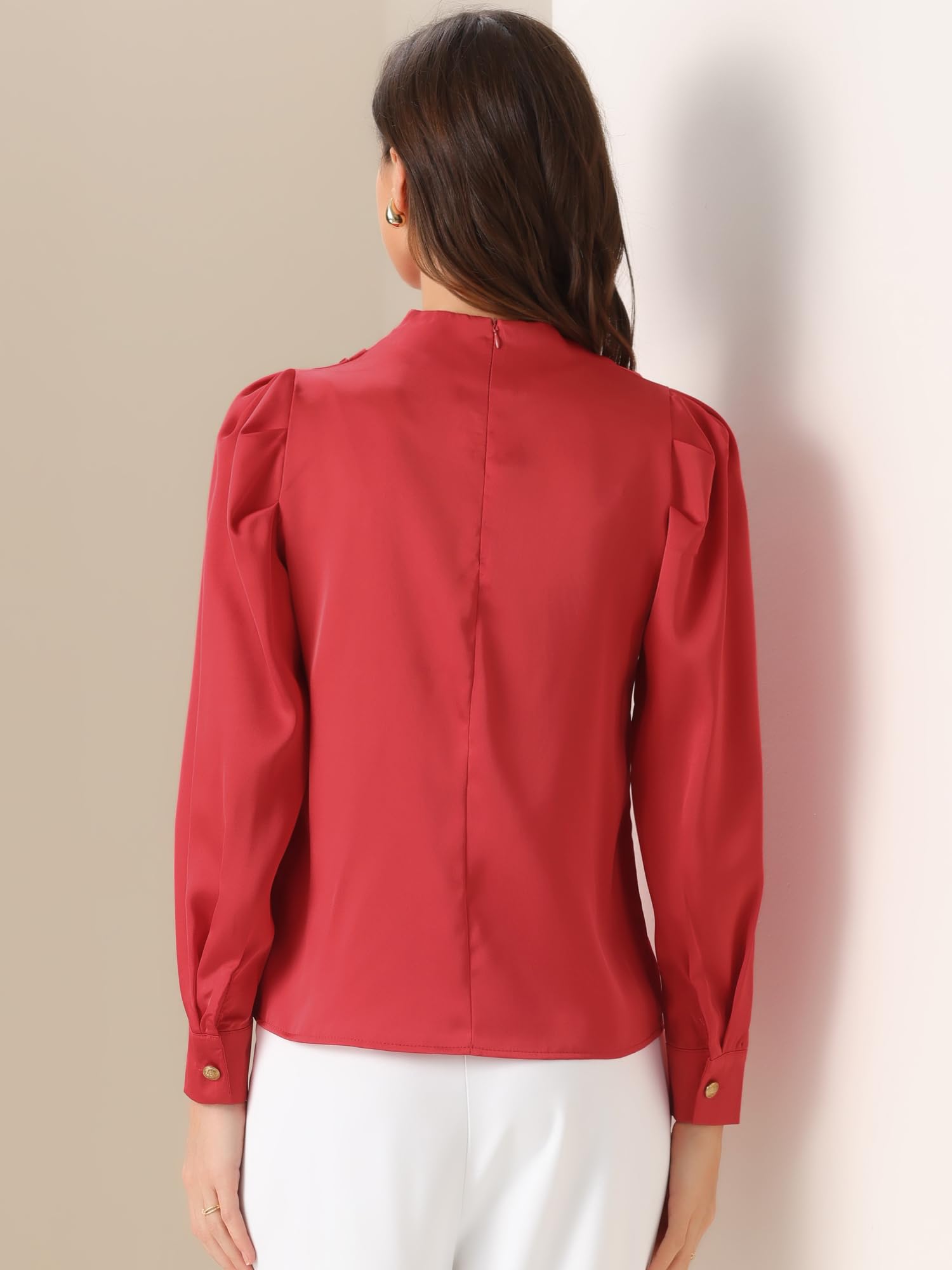 Allegra K Chemisier plissé en satin pour femme, col montant, manches bouffantes, haut habillé et décontracté