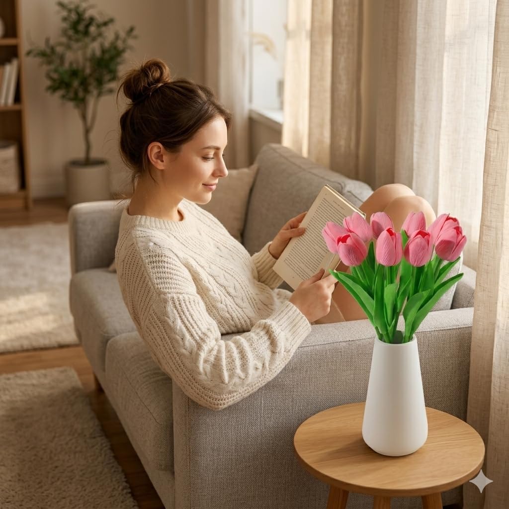 Real-Touch Artificial Tulips with 2 Ceramic Vases, 20 Stems Faux Floral Arrangement Set, Spring Easter Table Centerpiece, Modern Farmhouse Decor