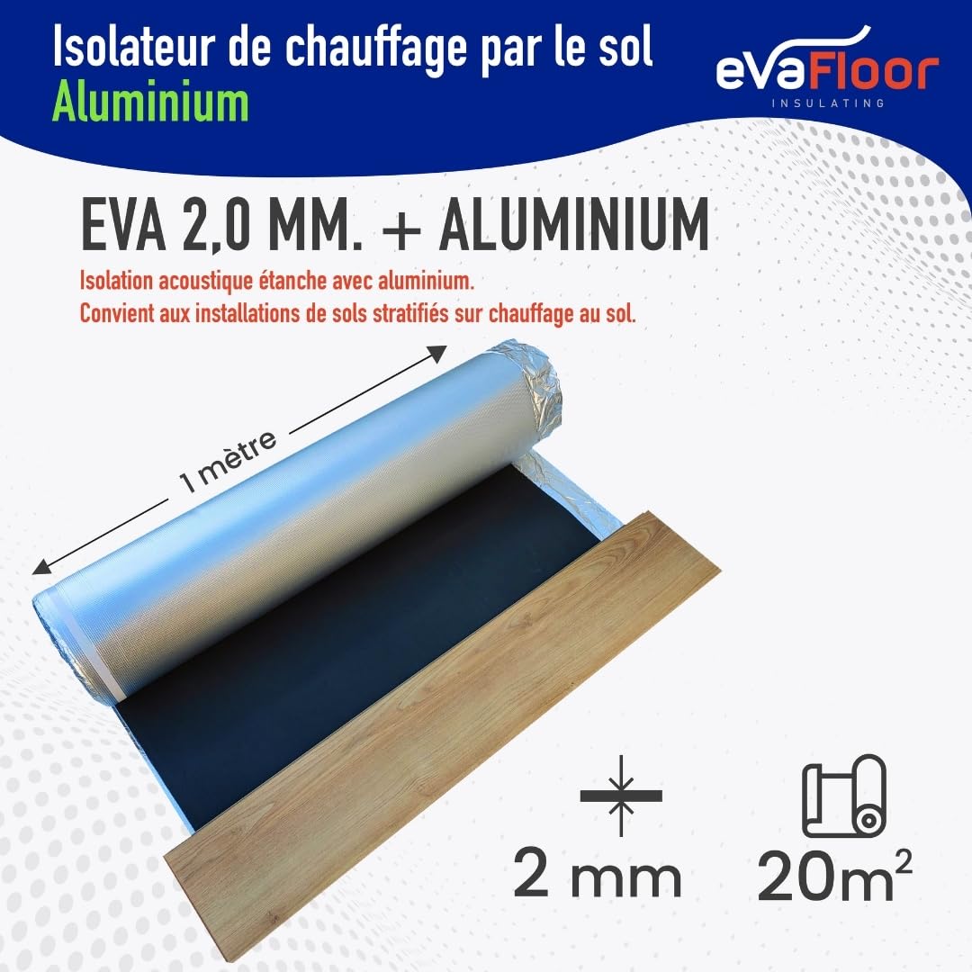 Sous Couche Parquet Aluminium 1x20 mètres | Sous-Couche Isolant pour Sol Stratifié Chauffant | Fabriqué avec Base EVA 2mm + Film Aluminium | Inclut Adhésif