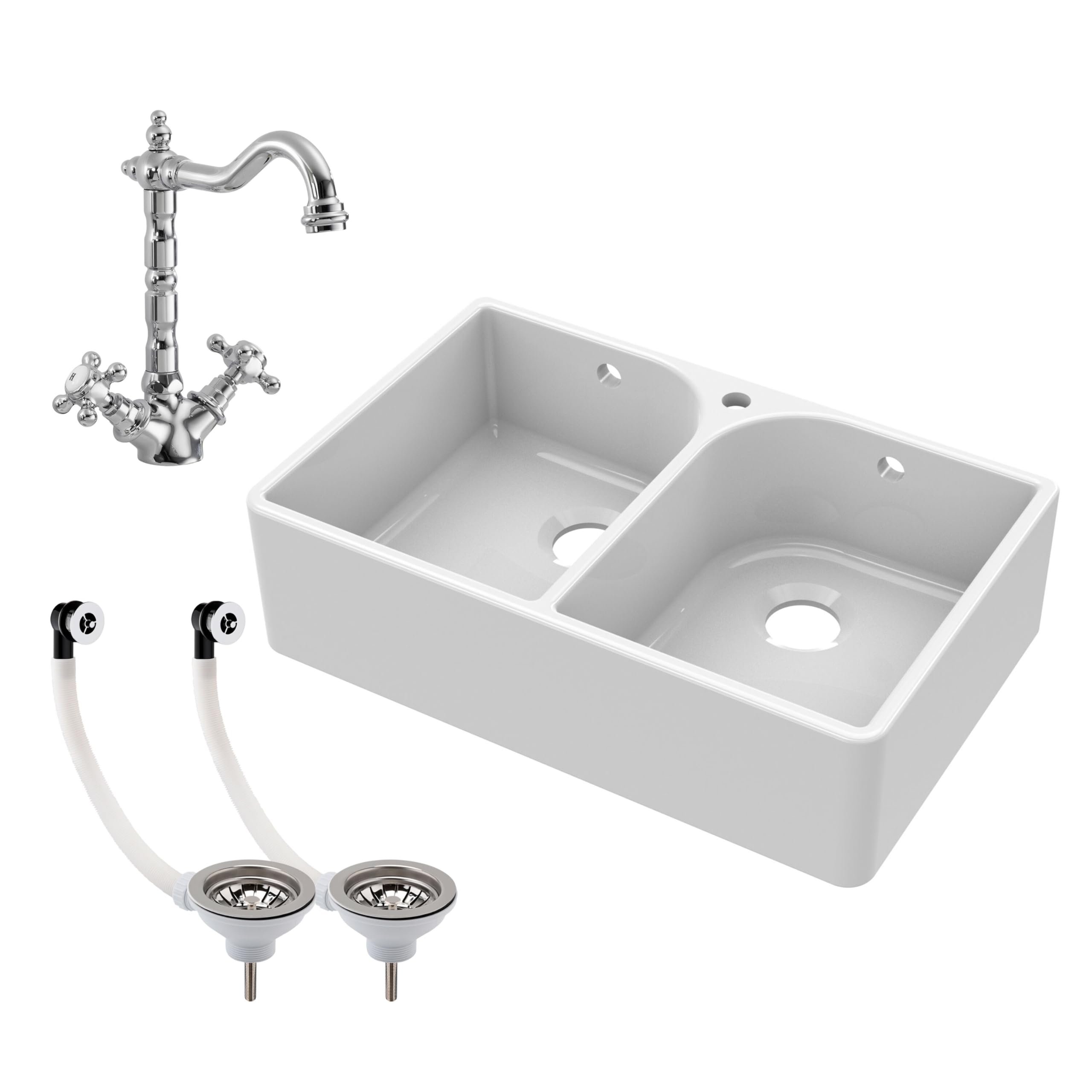 Traditional Fireclay Double Bowl Butler Kitchen Sink With Tap Hole, Weir & Waste - 795Mm 5056462699097