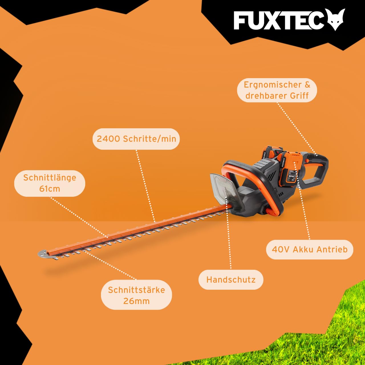 FUXTEC 40V Akku Heckenschere FX-E2HSSET • 61cm Schnittlänge • 26 mm Schnittstärke • 2X 20V Li-Ion Akku • Drehbarer Griff • Elektrische Bremse • Heckentrimmer für Sträucher und Hecken