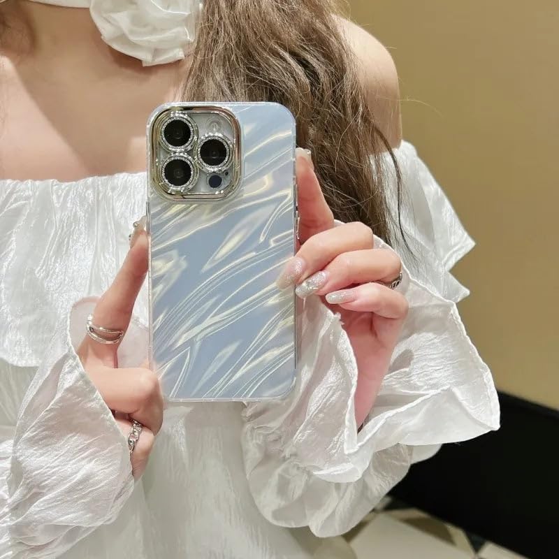 Image of COVERLY for iPhone 12 Pro Hot Diamond Ring Lens Film Camera Protection Phone Case, Luxury 3D Laser Cut Water Ripple Mirror Gradient Glitter Colorful Hard Mobile Cover for Apple iPhone 12 Pro (Silver)