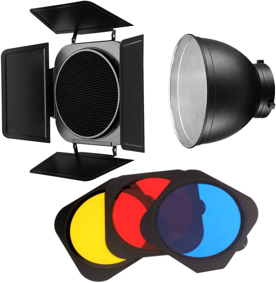 JINBEI Modifier Barn Door with Honeycomb Grid Bowens Mount with 7.9"/ 20cm Standard Reflector 3 Color Filter Gels Accessories Kit for Pro Studio Photography (Blue Yellow Red)