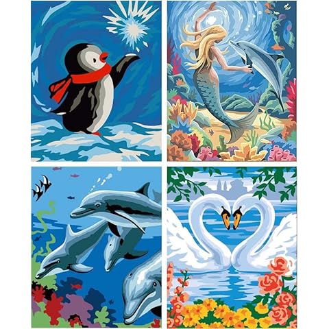 DUGEHO Paint by Numbers for Adults, Painting by Number, Mermaid and Dolphin, Penguin DIY Canvas Oil Painting Kit for Children with Brushes Drawing Painting for Home Decoration Cover
