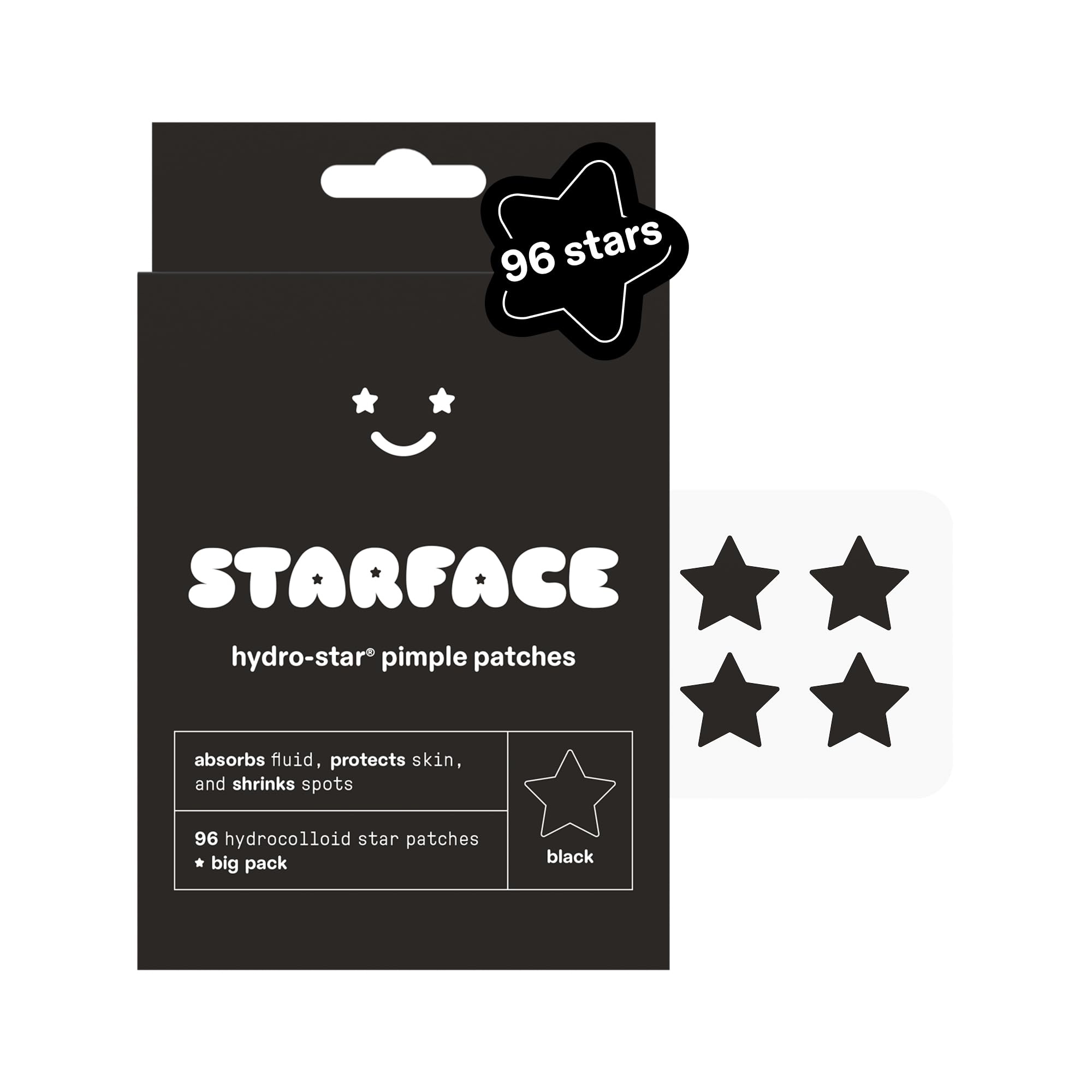 Starface World Black Star Lot de 96 patchs hydrocolloïdes à boutons, absorbent les liquides et réduisent les rougeurs, forme d'étoile mignonne, soins de la peau sans cruauté envers les animaux