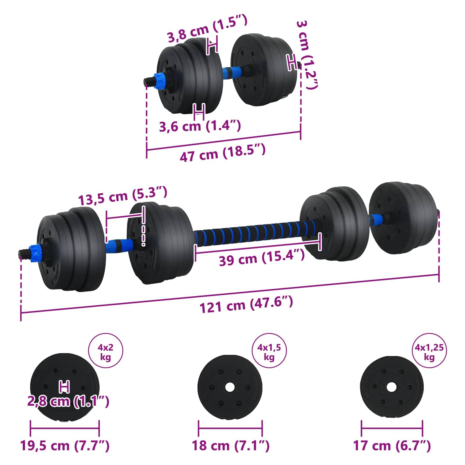 vidaXL Set Manubri e Bilanciere 2-in-1 20 kg Nero e Blu, Attrezzatura da casa, manubri Regolabili, Pesi per Allenamento, Fitness Indoor, Strumenti e Attrezzi salvaspazio