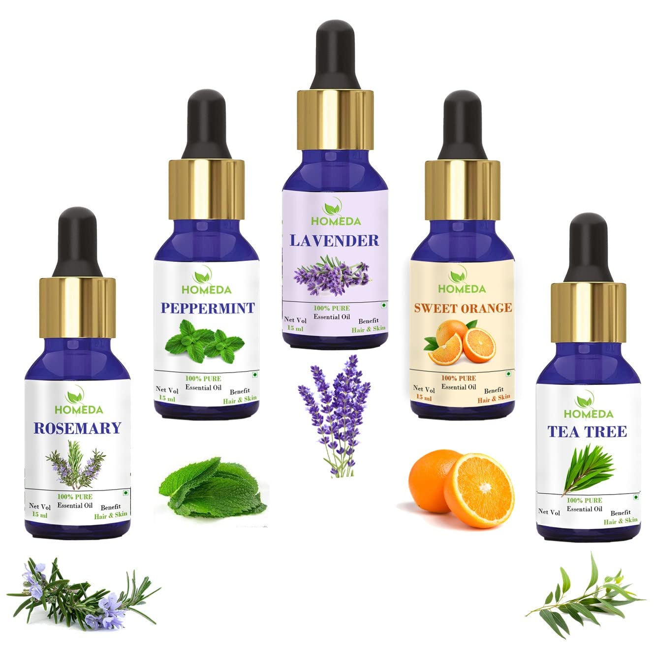 Homeda Essential Oils - Lavender, Tea Tree, Rosemary, Sweet Orange, Peppermint - 15ML each - Set of 5 for Hair Growth, Skin care, Diffuser essential oil for Home Fragrance