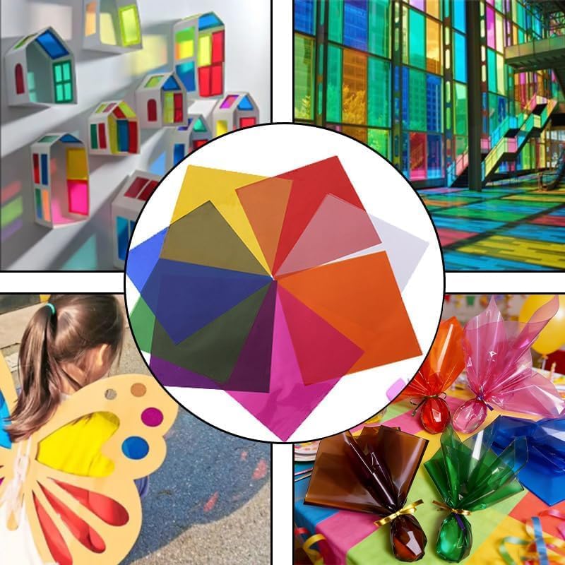 200 Pcs Colored Cellophane Sheets 7.5x7.5 Inch Transparent Plastic Cellophane Wrap, Multi-Color Cellophane Paper for DIY Arts Crafts, Gel Light Filters, Candy Packaging, Parties Decorations, Window Decorations, with Twist Ties