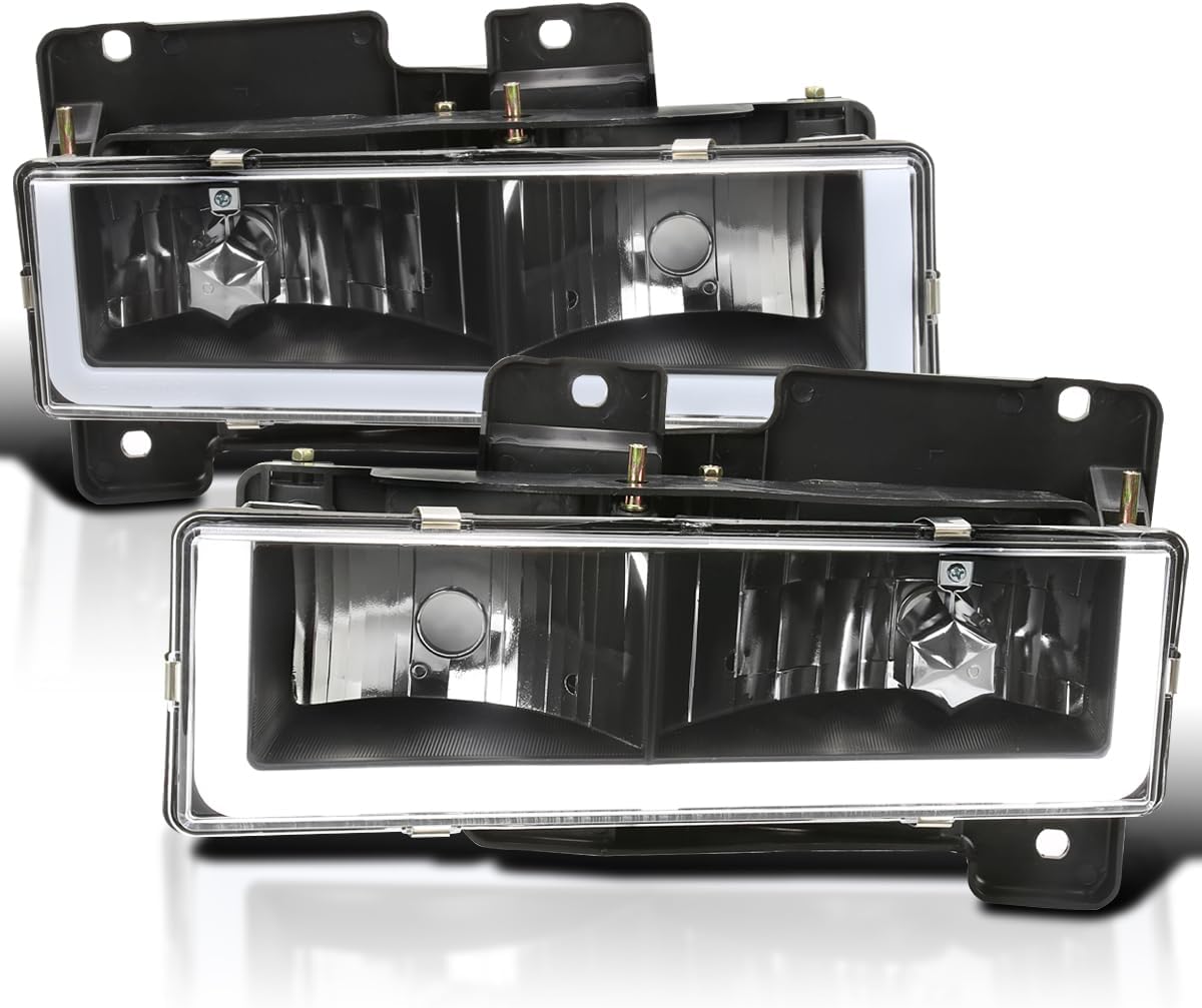 SPEC-D TUNING Black Headlights w/LED Light Bar Compatible with 1988-1998 Chevy GMC C10 C/K 1500 2500 3500, Suburban, Tahoe, Silverado, Sierra, L+R Pair Head Light Lamp Assembly