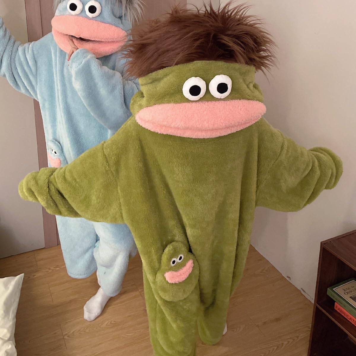 EHOTER Silly Combinaison pyjama unisexe à capuche en peluche ultra douce pour adulte - Vêtement d'intérieur vert - Monstre amusant à grande bouche - Vêtement d'intérieur pour soirées cinéma, famille