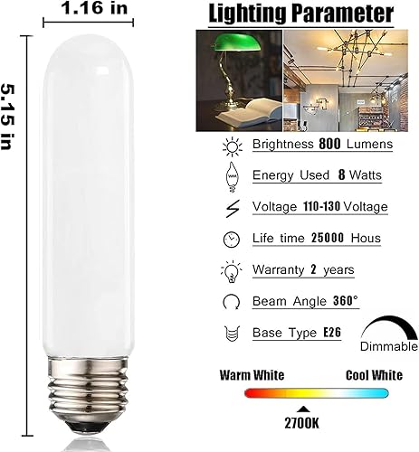 Miniatura 2 de XININSUN Bombillas LED esmeriladas T10, luz diurna blanca 4000 K, bombillas LED T10 regulables, equivalente a 60-75 vatios, bombillas tubulares LED