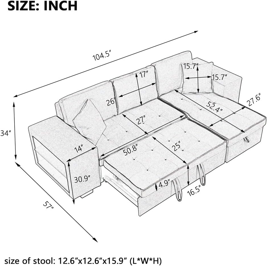 L-Shape 3 Seat Reversible Sectional Couch, Pull Out Sleeper Sofa with Storage Chaise and 2 Stools for Living Room