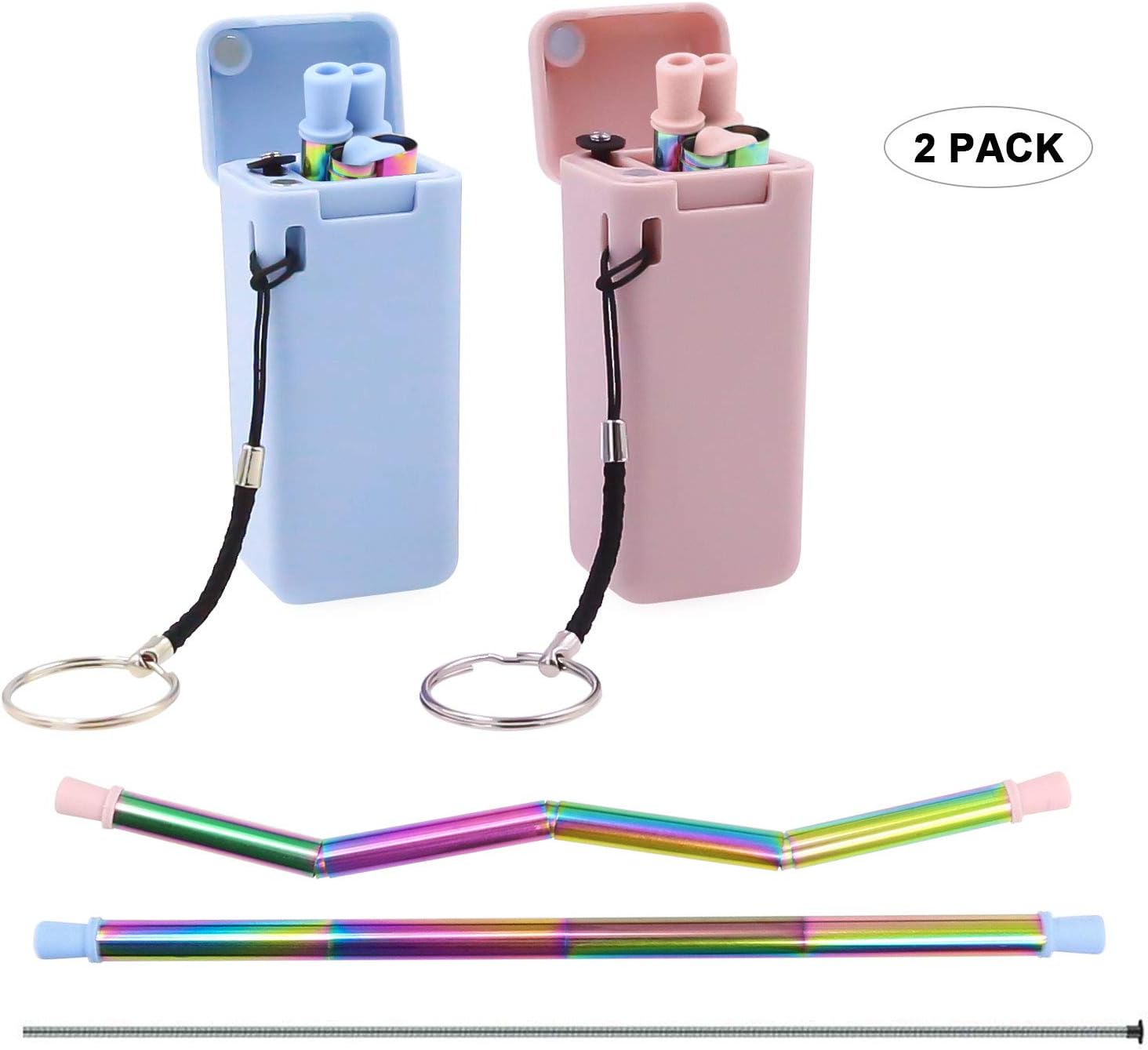 HCLKSTORE Collapsible Straw Reusable, 2 PCS Folding Portable Drinking Straw Stainless Steel Rainbow Color Food Grade Silicone Metal Straws with Keychain for Travel, Outdoor (Blue/Pink)