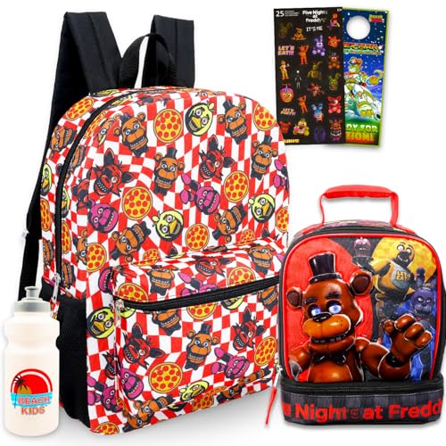 Five Nights at Freddy's Mochila com conjunto de lancheira – Pacote com mochila FNAF, Lancheira FNAF, adesivos, garrafa de água, mais | Mochilas Five Nights at Freddy's para meninos, adolescentes