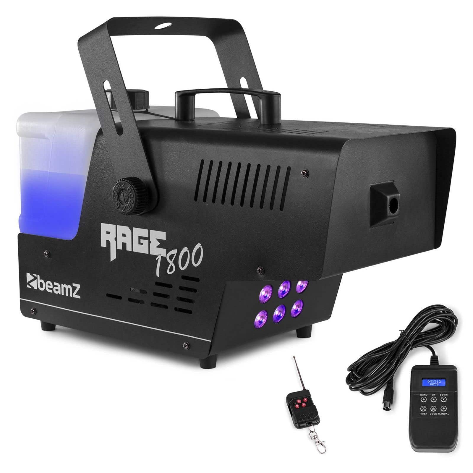 Beamz Rage 1800 - Macchina del Fumo con telecomando, 1800 Watt, 6 x 4 W LED RGBW, volume Uscita: 530 m³ al minuto, volume serbatoio: 3,5 litri, 7 canali DMX, tempo di riscaldamento: 4 min